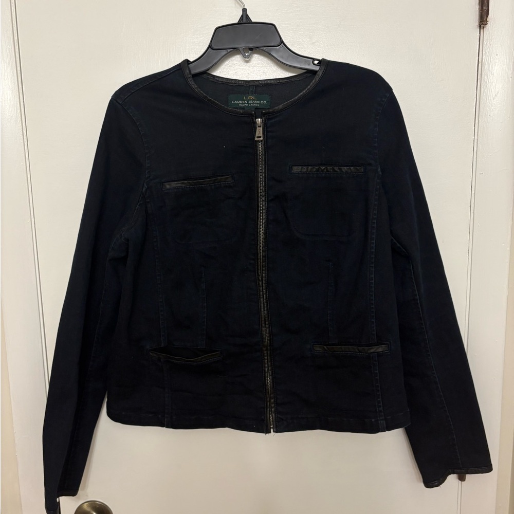 Lauren Jeans Co. Ralph Lauren black denim jacket faux leather trim women’s Sz 14